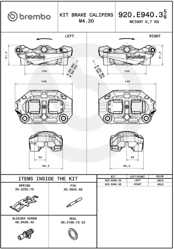 Brembo HYPURE M4.30 Brake Caliper 100mm Front/Rear Gold