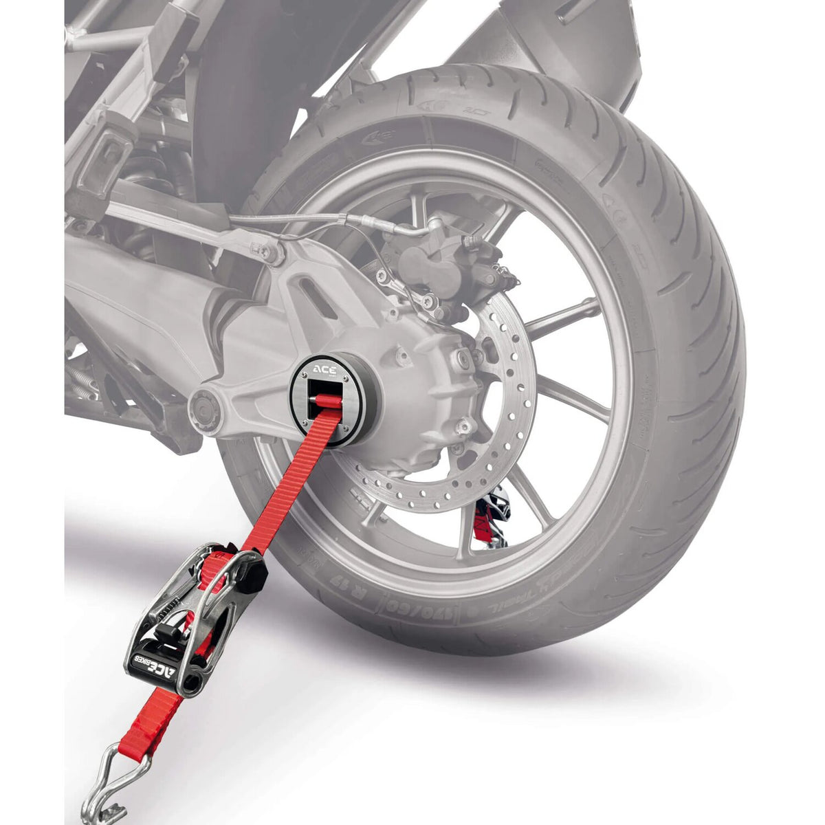 AceBikes CapStrap BMW open axle tie-down system