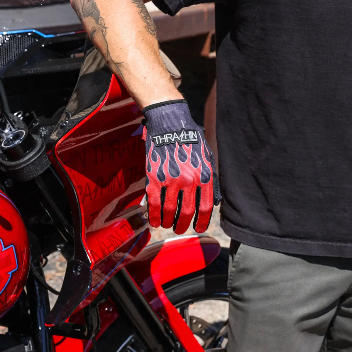 Thrashin Supply Co - Stealth Leather Palm Flame Gloves Red