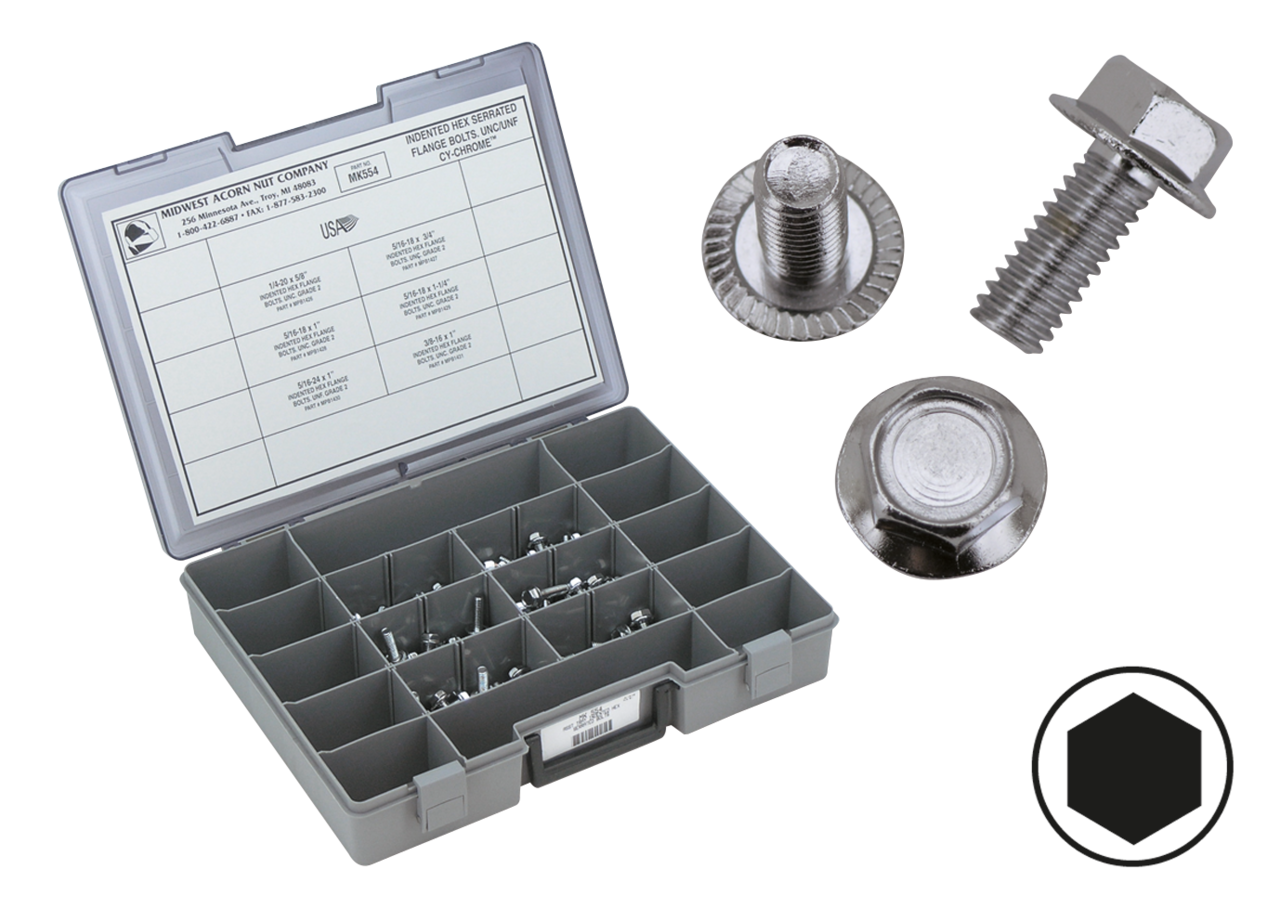 Midwest Acorn Nut Company Chrome Plated Indented Hex Serrated Flange Bolts Assortment – Hardware