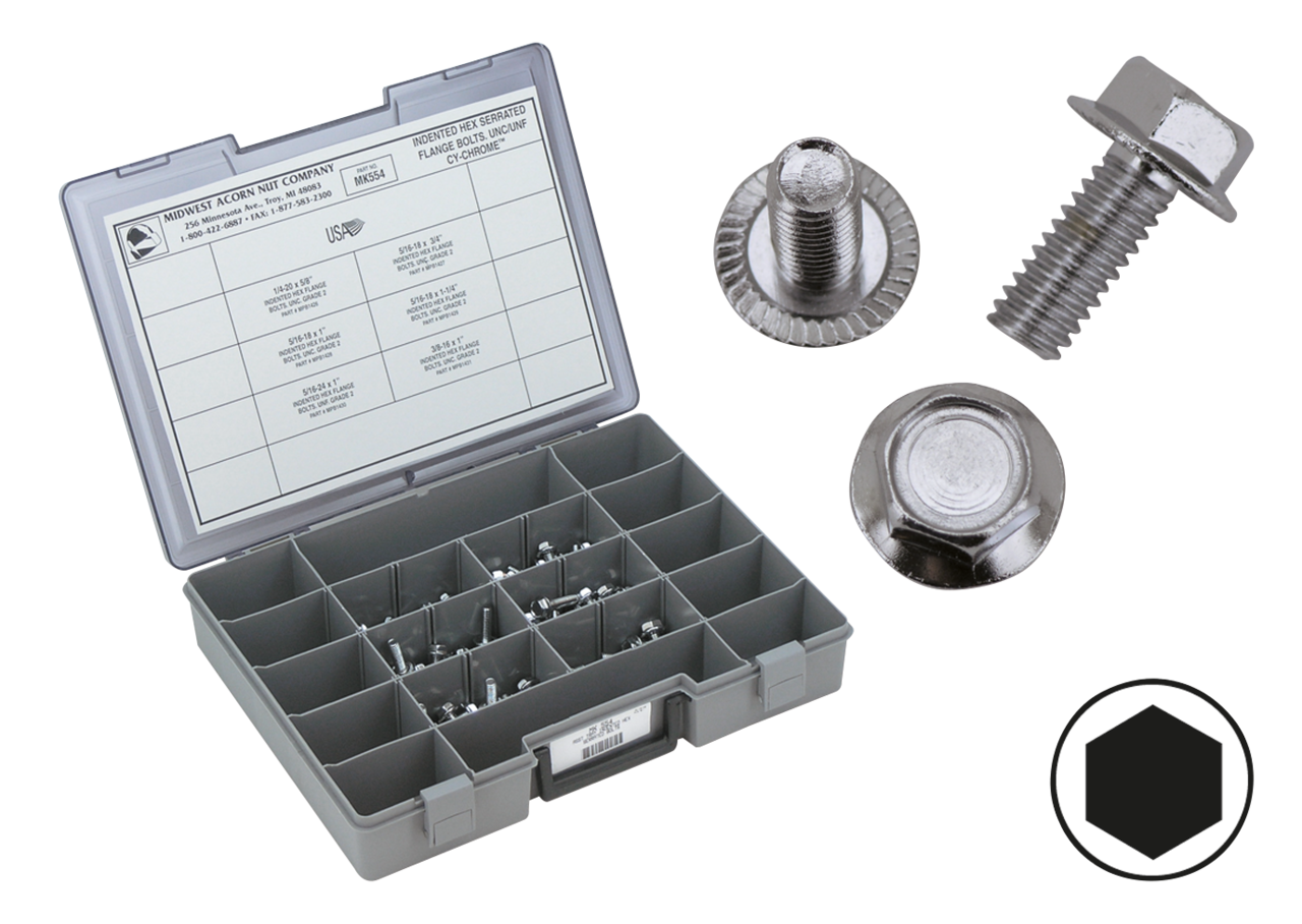 Midwest Acorn Nut Company Chrome Plated Indented Hex Serrated Flange Bolts Assortment – Hardware